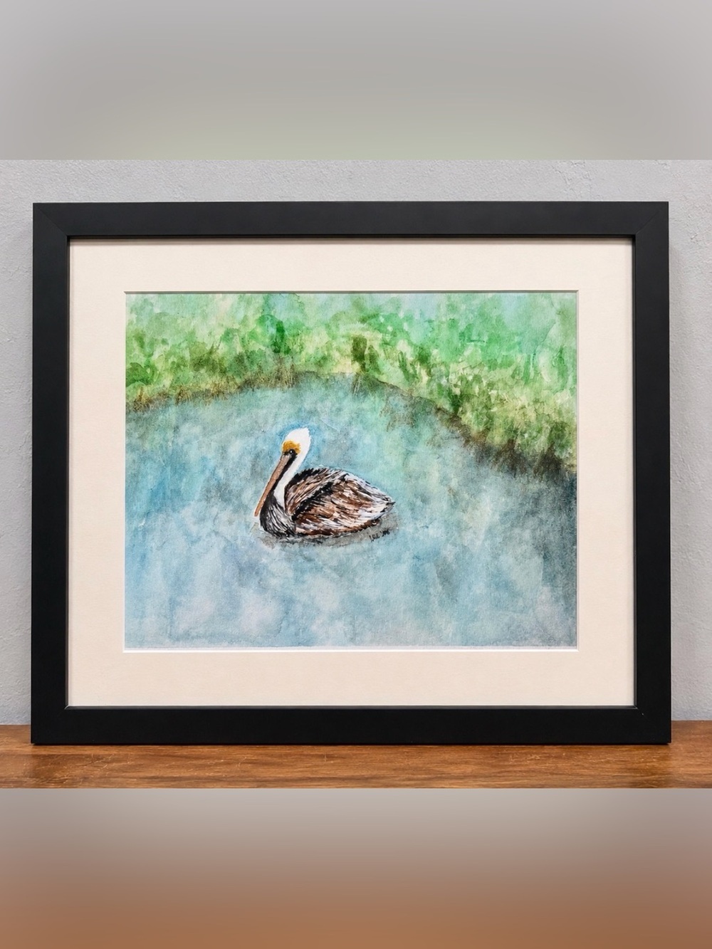 Serenity Pelican Watercolor in Blue, Green, Brown